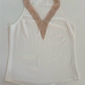 Elegant White and Tan Lace Trim Women's Top